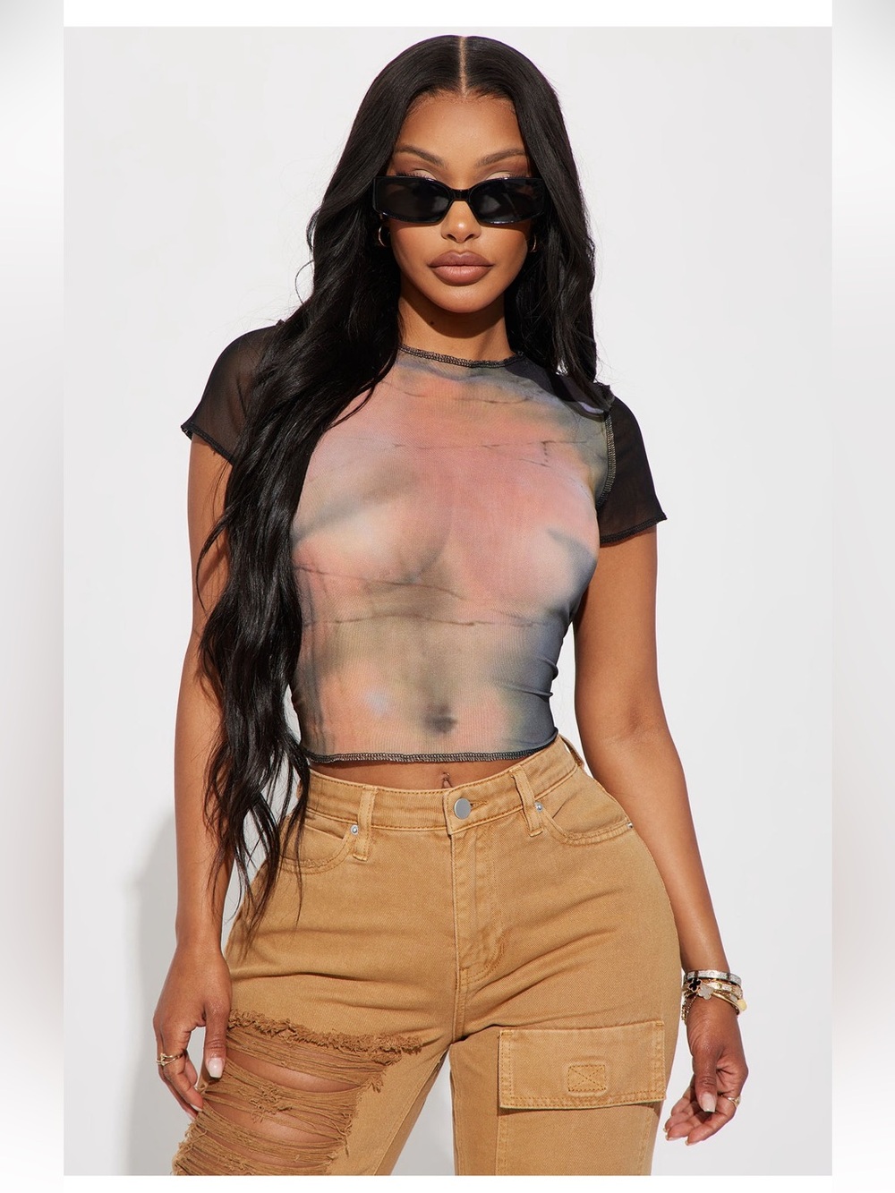 Fashion Nova Sheer Tie-Dye Mesh Crop Top in Black & Multicolor